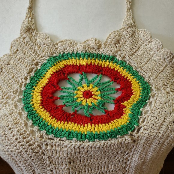 Crochet Halter Crop Top Tie Back Rasta Front Design One Size - Picture 2 of 8